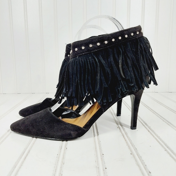 Nine West Trendyo Fringe Black Leather Strap Stiletto Heels D983 - Picture 1 of 13